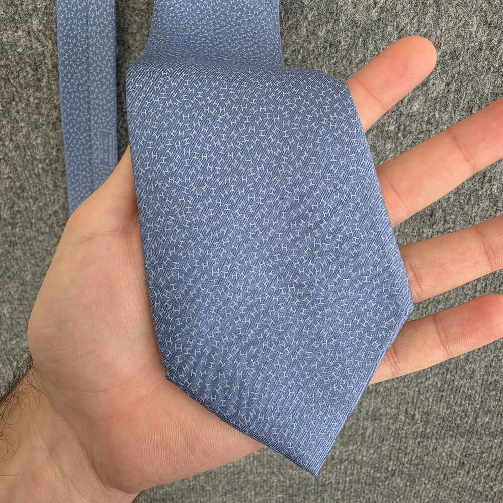 Hermes Paris Tie Mens Blue Silk H Logo Geometric Pattern Office Work Luxury